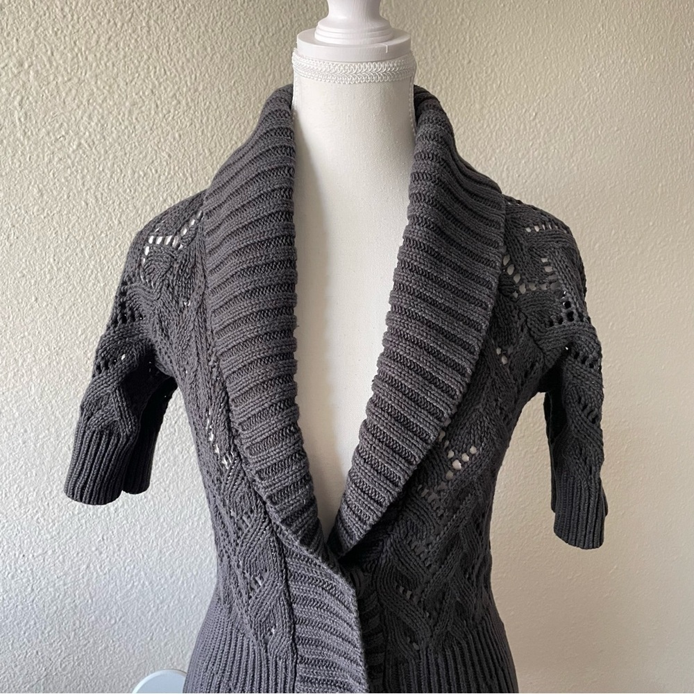 Eddie Bauer Shawl Collar Knit Cardigan Sweater Women’s M Gray Short Sleeve Y2K - Picture 4 of 16